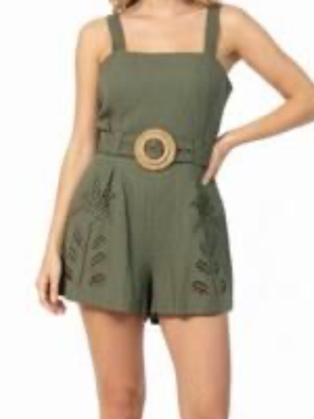 NWT Caroline Constas Olive Green Romper palm tree cut out belt Medium